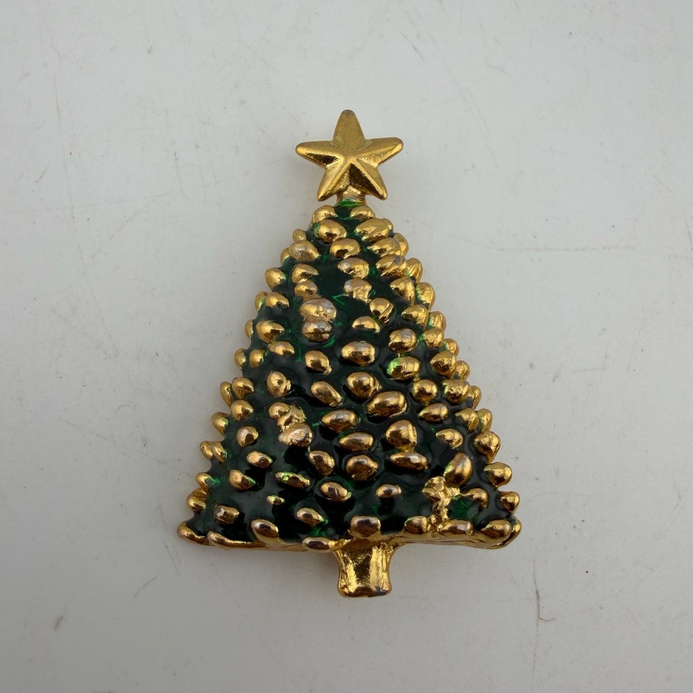 Gold Tone Green Christmas Tree Brooch Enamel Star Pin